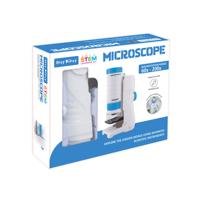 Box of Itty Bitty Microscope with blue and white design on a white background. Itsy Bitsy DIY STEM Learning Kit Microscope Box available at Go Science image 7