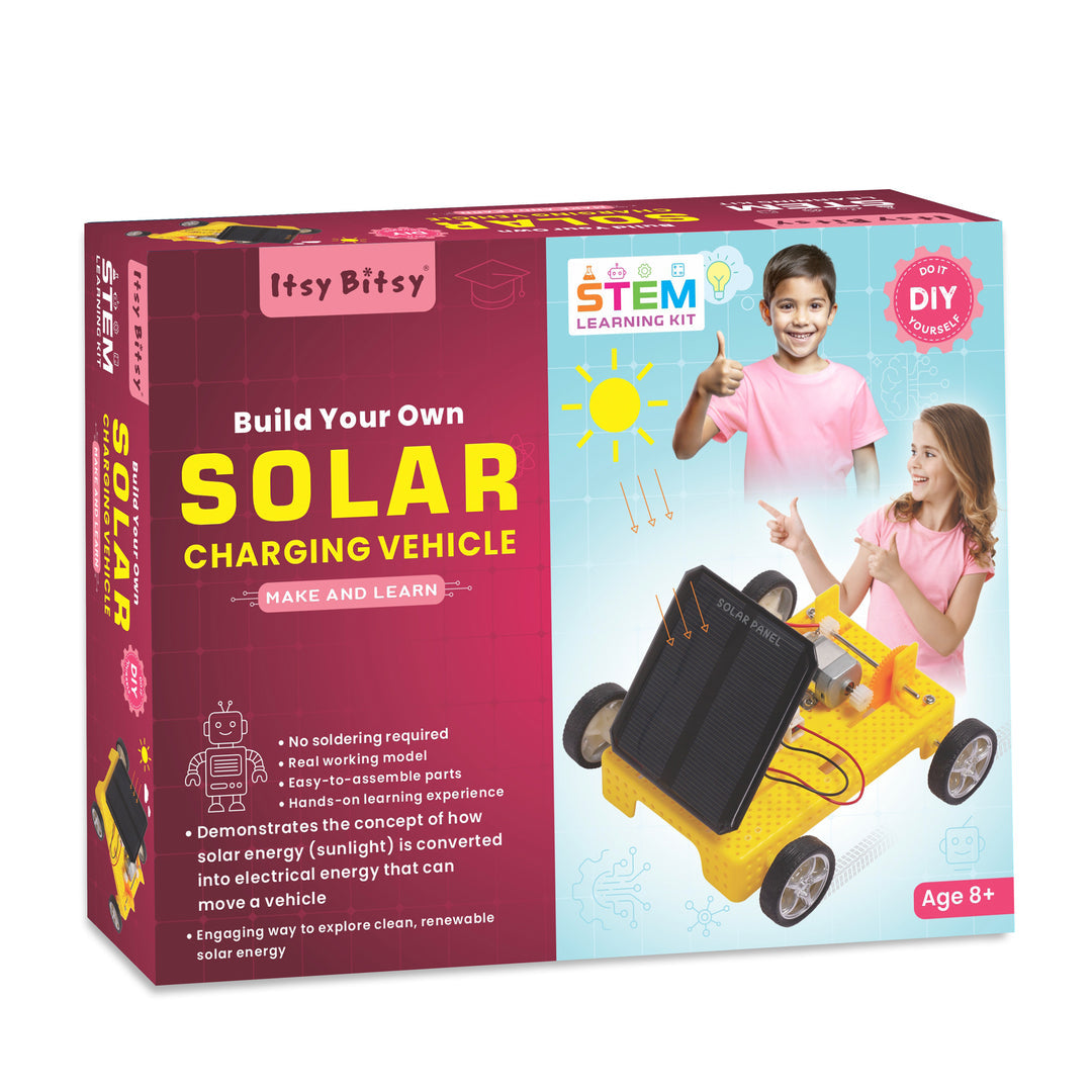 Box for 'Build Your Own Solar Charging Vehicle' STEM learning kit by Itsy Bitsy. Itsy Bitsy Solar Charging Vehicle - Build Your Own DIY STEM Learning Kit  go science product image 
