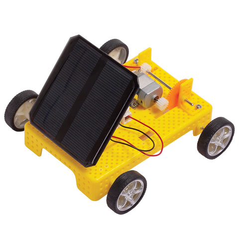 Yellow solar-powered car model with a black solar panel on a white background. Itsy Bitsy Solar Charging Vehicle - Build Your Own DIY STEM Learning Kit  go science product image 2