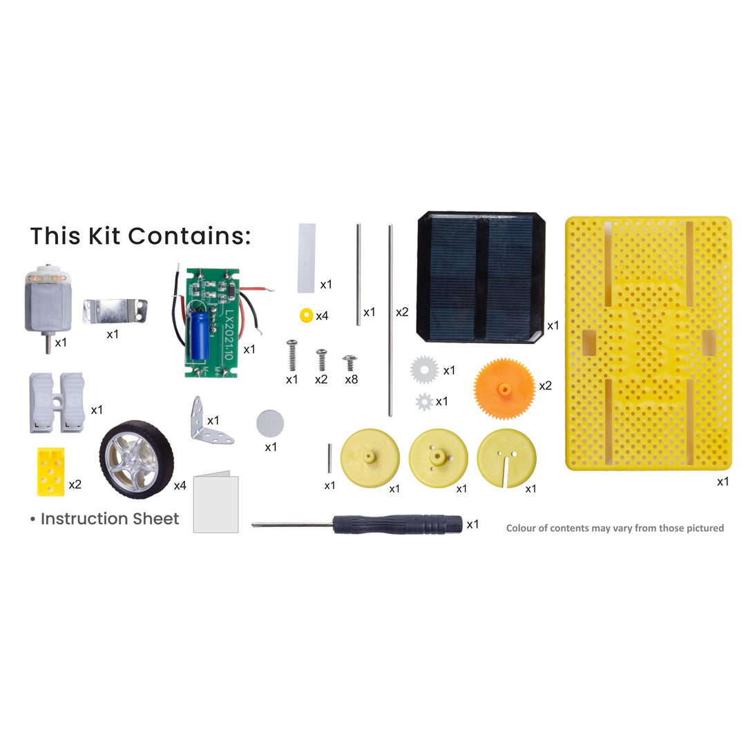 List of components included in a kit on a white background. Itsy Bitsy Solar Charging Vehicle - Build Your Own DIY STEM Learning Kit  go science product image 3