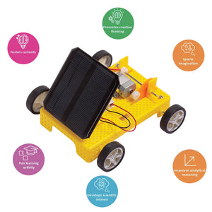Yellow solar car with educational icons and text on a white background. Itsy Bitsy Solar Charging Vehicle - Build Your Own DIY STEM Learning Kit  go science product image 5