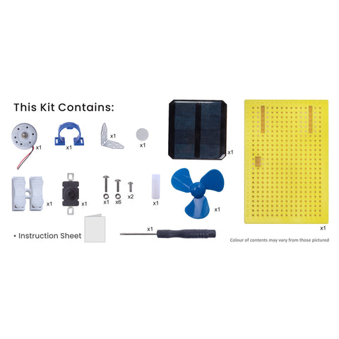 List of components included in a kit on a white background. Itsy Bitsy Solar Powered Fan Go Science product image 3