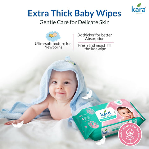 Baby wrapped in a towel with Kara baby wipes packaging on a light background. Woman holding a baby with Kara baby-safe wipes packaging and branding on a light blue background. Kara Cleaning Baby Wipes 80pcs go littles product image 2