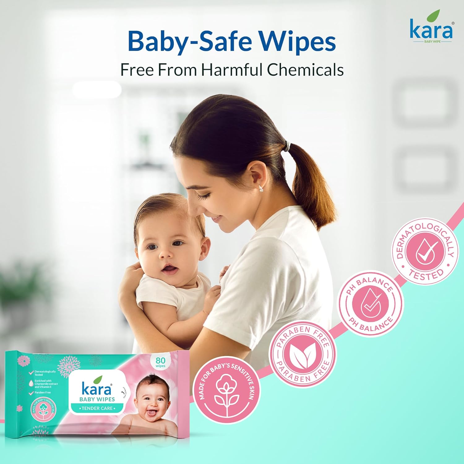 Woman holding a baby with Kara baby-safe wipes packaging and branding on a light blue background. Kara_Cleaning_Baby_Wipes_80pcs_go_littles_product_image 6