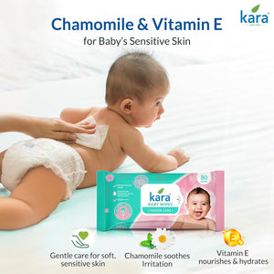 Baby using Kara baby wipes with chamomile and vitamin E on a white background. Kara_Cleaning_Baby_Wipes_80pcs_go_littles_product_image 7