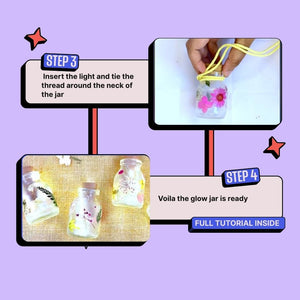 Step-by-step tutorial on making a glow jar with text and images on a purple background. Kitsters DIY Floral Glow Jar Kit available at Go Science product image 5