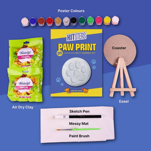 KITSTERS Paw Print DIY kit with air dry clay, poster colors, coaster, sketch pen, messy mat, paint brush, and easel on a blue background. Kitsters DIY Paw Printing Kit at Go Science Product Image 2