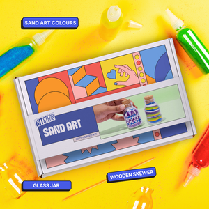 Sand art kit with colorful packaging on a yellow background. Kitsters DIY Sand Art Kit available at Go Science product image 2