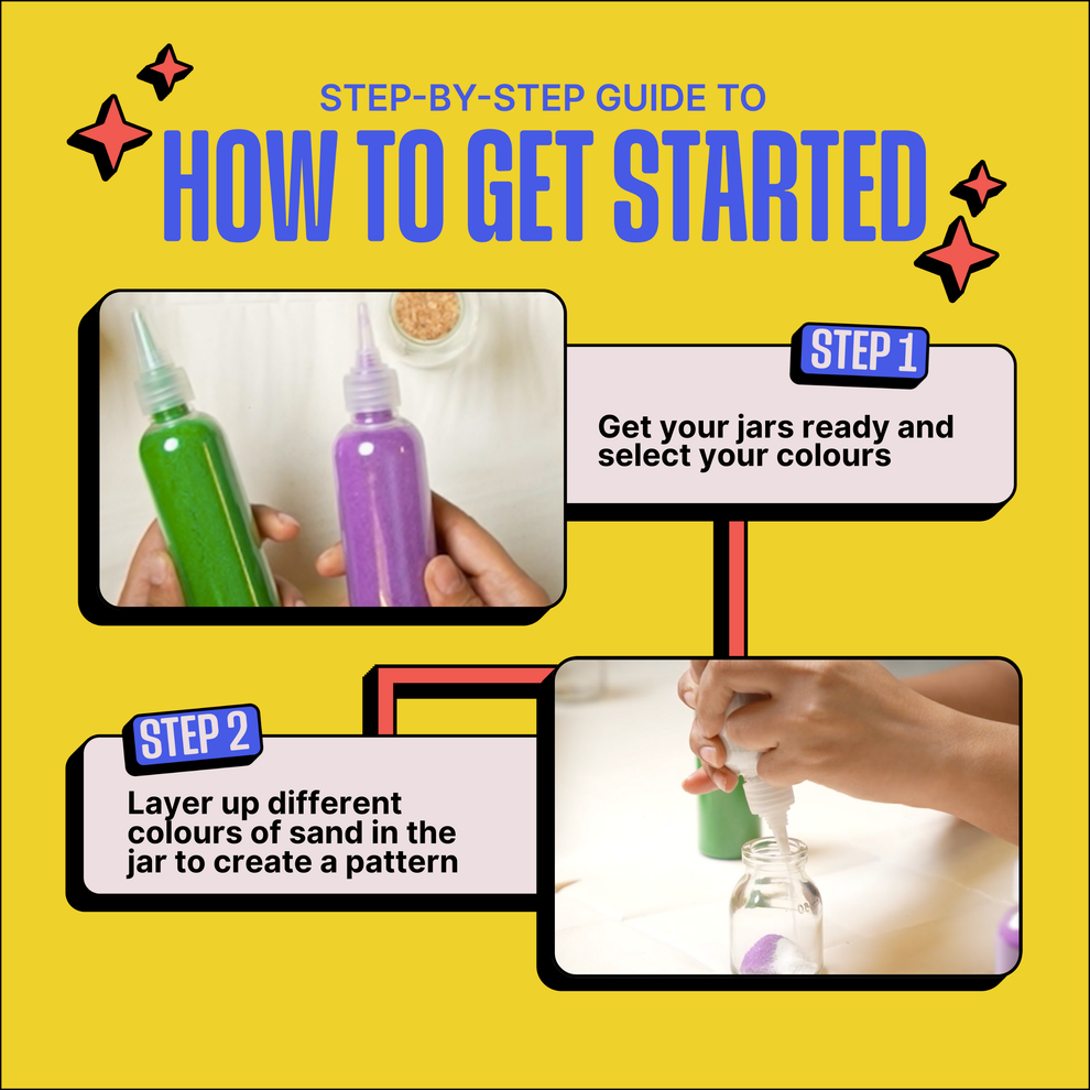 Step-by-step guide to creating a sand art project with colorful bottles on a yellow background. Kitsters DIY Sand Art Kit available at Go Science product image 3