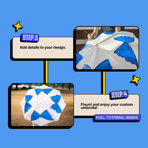 Steps to create a custom umbrella with blue butterfly designs on a blue background. Kitsters DIY Umbrella Painting Kit available at Go Science product image 5