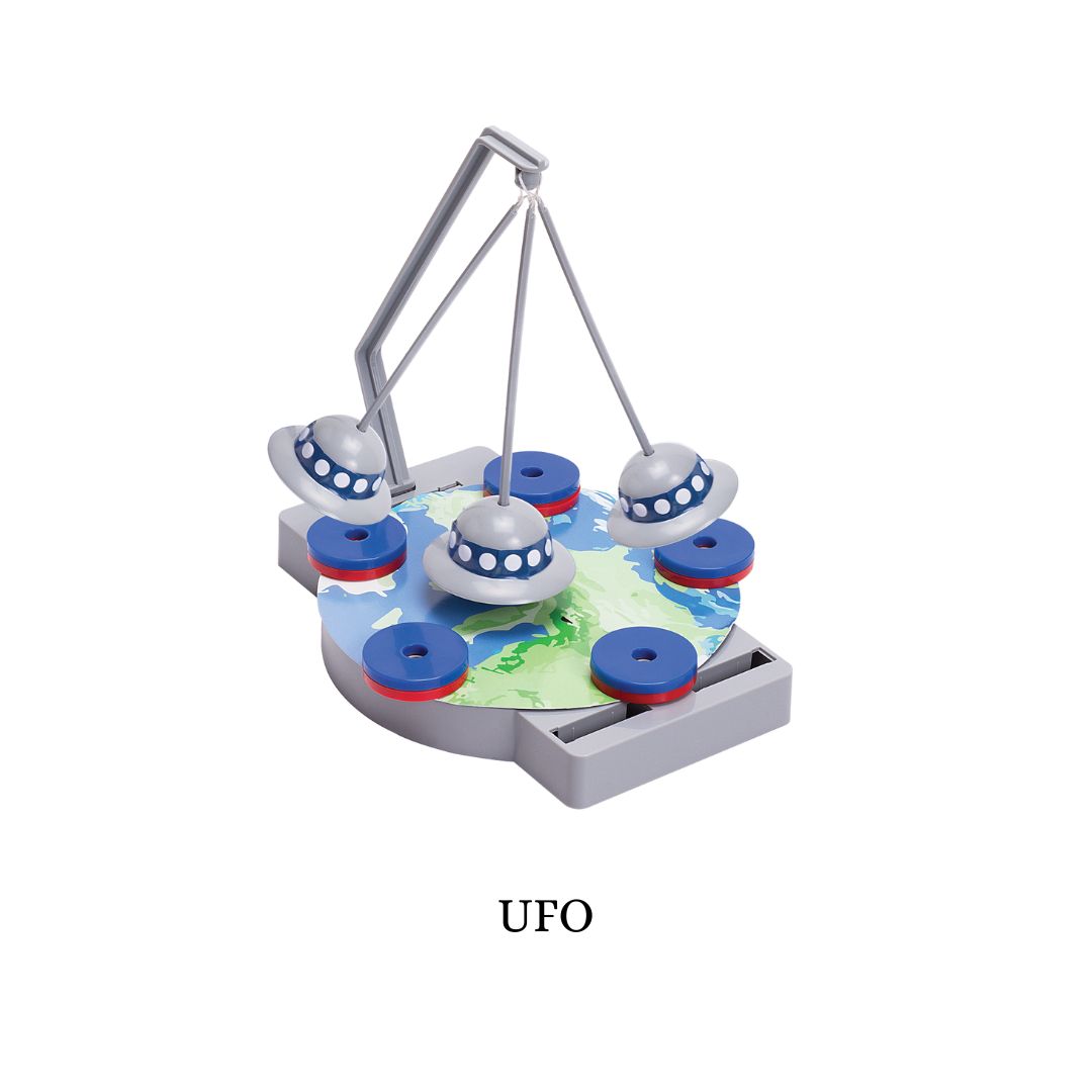 Toy UFO with a white base and blue and red accents on a white background. Magnetic Levitation Kit itsy bitsy at Go science product image 7