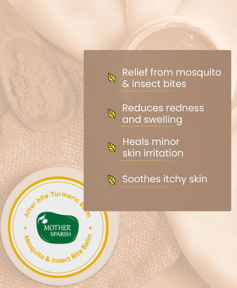Mother Sparsh mosquito and insect bite balm with benefits listed on a beige background. MotherSparsh After Bite Turmeric Balm 8g go littles product image 2