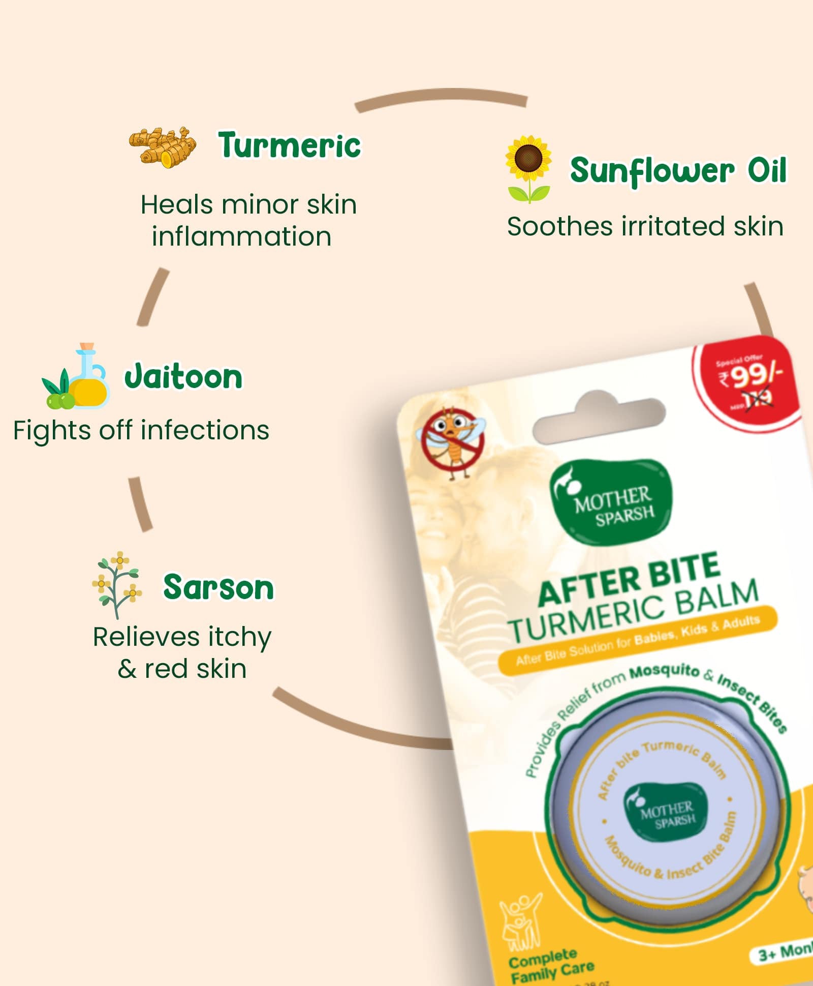 After Bite Turmeric Balm packaging with ingredients listed on a beige background. MotherSparsh After Bite Turmeric Balm 8g go littles product image 3