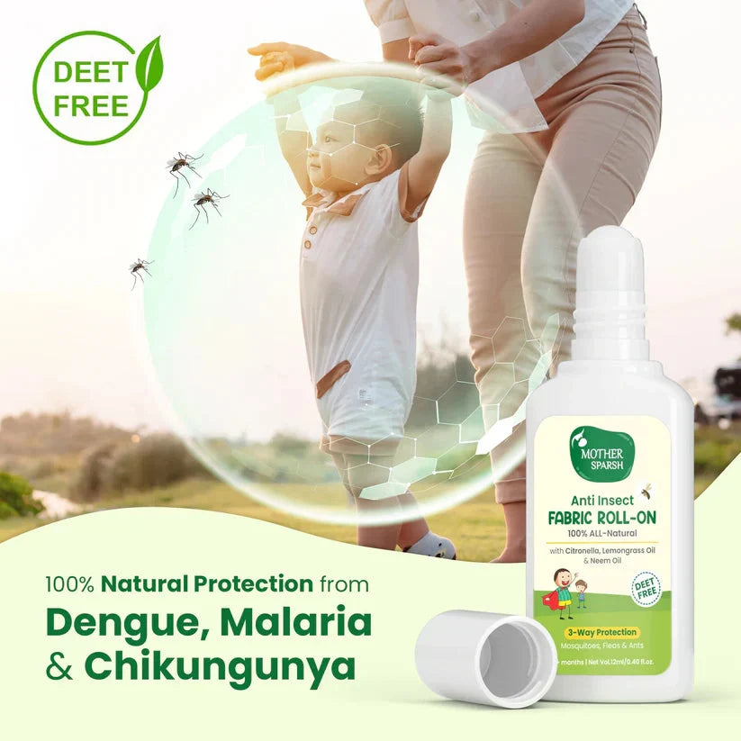 Mother Earth Anti Insect Fabric Roll-On with child and mosquito in background. MotherSparsh Anti Insect Fabric Roll-on 12ml for 0+ months go littles product image 2