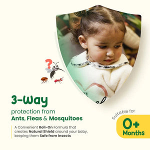Product packaging for 3-way protection from ants, fleas, and mosquitoes with a child and insect illustrations. MotherSparsh Anti Insect Fabric Roll-on 12ml for 0+ months go littles product image 3