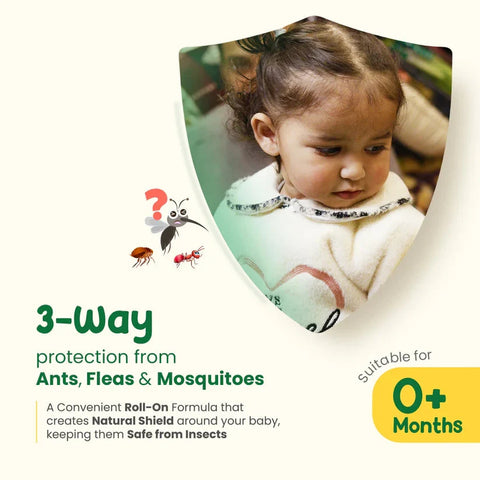 Product packaging for 3-way protection from ants, fleas, and mosquitoes with a child and insect illustrations. MotherSparsh Anti Insect Fabric Roll-on 12ml for 0+ months go littles product image 3