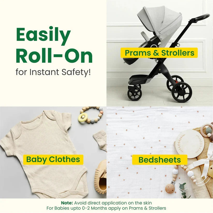 Baby products including a stroller, baby clothes, and bedsheets with text on safety and application. MotherSparsh Anti Insect Fabric Roll-on 12ml for 0+ months go littles product image 5