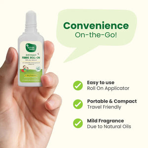 Hand holding a fabric roll-on product with features listed on a white background. MotherSparsh Anti Insect Fabric Roll-on 12ml for 0+ months go littles product image 5