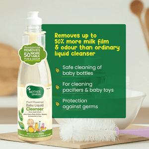 Mother Sparsh baby liquid cleanser bottle with cleaning tools on a kitchen counter. MotherSparsh Baby Liquid Cleanser Bottle175mlx2 (Buy 1 Get 1) go littles product image 2