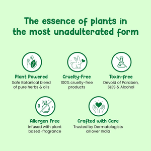 Green background with icons and text highlighting plant-based, cruelty-free, toxin-free, allergen-free, and dermatologist-trusted product features. MotherSparsh Baby Liquid Cleanser Bottle175mlx2 (Buy 1 Get 1) go littles product image 4