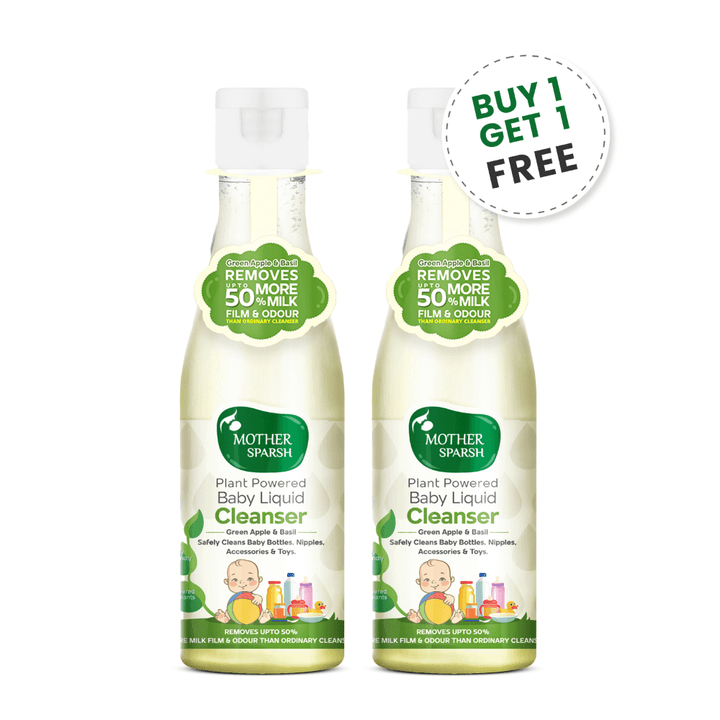 Two bottles of Mother Sparsh baby liquid cleanser with a 'Buy 1 Get 1 Free' offer on a white background. MotherSparsh Baby Liquid Cleanser Bottle175mlx2 (Buy 1 Get 1)