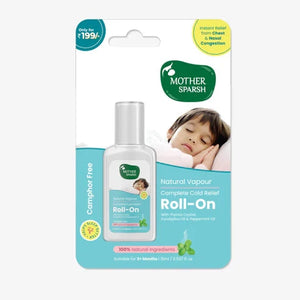 Mother Sparsh natural vapour roll-on packaging with child illustration on a white background. MotherSparsh Cold Relief Natural Vapour Roll-on 15ml go littles product main image