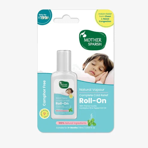 Mother Sparsh natural vapour roll-on packaging with child illustration on a white background. MotherSparsh Cold Relief Natural Vapour Roll-on 15ml go littles product main image