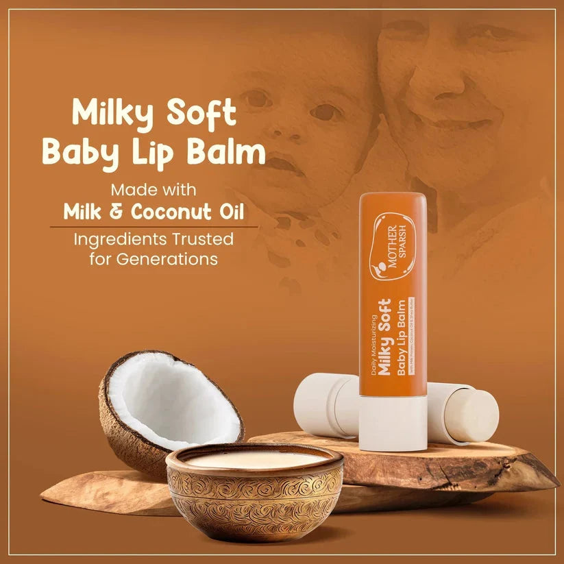 Milky Soft Baby Lip Balm with coconut ingredients on a brown background. MotherSparsh Daily Moisturizing Milky Soft Lip Balm 4g 2 Yrs + go littles product image 2