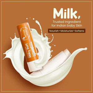 Baby lotion bottle with milk splash on a brown background, featuring text about its benefits for Indian baby skin. MotherSparsh Daily Moisturizing Milky Soft Lip Balm 4g 2 Yrs + go littles product image 3