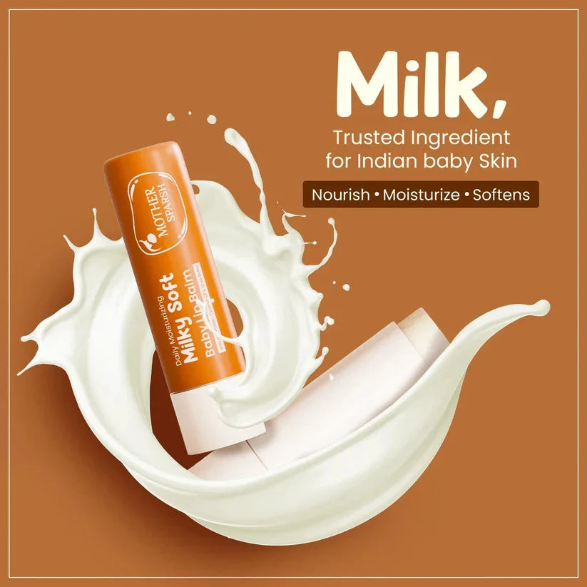 Baby lotion bottle with milk splash on a brown background, featuring text about its benefits for Indian baby skin. MotherSparsh Daily Moisturizing Milky Soft Lip Balm 4g 2 Yrs + go littles product image 3
