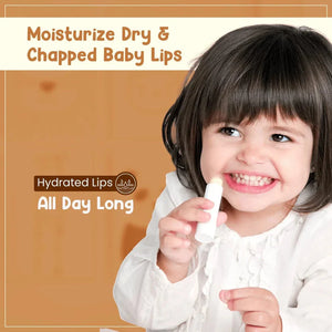 Child holding a lip balm with text about moisturizing dry and chapped baby lips. MotherSparsh Daily Moisturizing Milky Soft Lip Balm 4g 2 Yrs + go littles product image 4