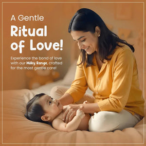 Woman in yellow shirt interacting with a baby on a bed, with promotional text about 'Milky Range' product. MotherSparsh Daily Moisturizing Milky Soft Lip Balm 4g 2 Yrs + go littles product image 5