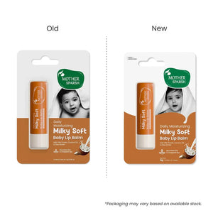 Comparison of Mother Sparsh Milky Soft Baby Lip Balm packaging, old vs new. MotherSparsh Daily Moisturizing Milky Soft Lip Balm 4g 2 Yrs + go littles product image 6