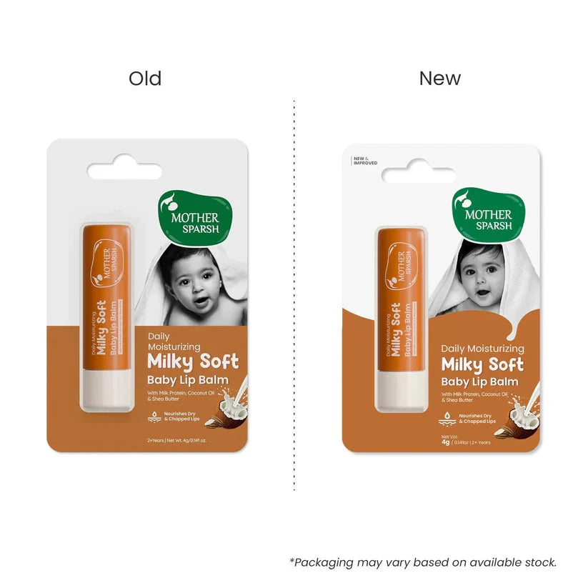 Comparison of Mother Sparsh Milky Soft Baby Lip Balm packaging, old vs new. MotherSparsh Daily Moisturizing Milky Soft Lip Balm 4g 2 Yrs + go littles product image 6
