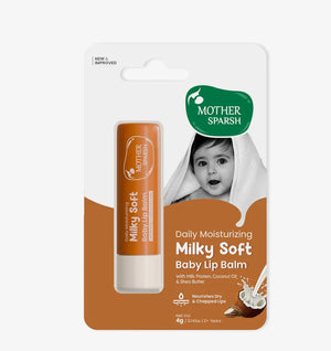 Mother Sparsh Milky Soft Baby Lip Balm packaging on a white background. MotherSparsh Daily Moisturizing Milky Soft Lip Balm 4g 2 Yrs + go littles product main image