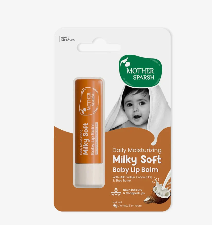 Mother Sparsh Milky Soft Baby Lip Balm packaging on a white background. MotherSparsh Daily Moisturizing Milky Soft Lip Balm 4g 2 Yrs + go littles product main image