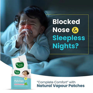 Baby with a Blocked Nose and Sleepless Nights, using a product with text 'Complete Comfort' and 'Natural Vapour Patches'. MotherSparsh Natural Vapour Patches go littles product image 2