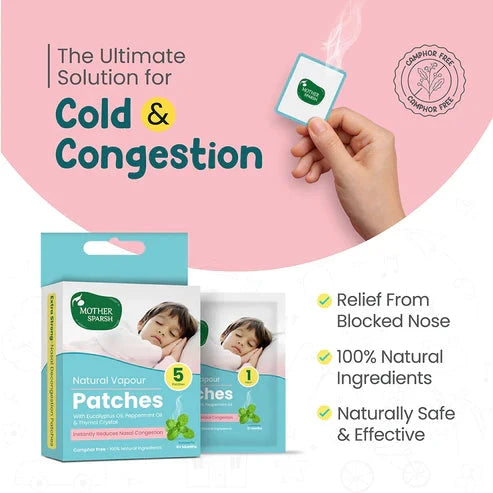 Product packaging of Mother Sparsh natural vapor patches for cold and congestion with a hand holding a patch against a pink background. MotherSparsh Natural Vapour Patches go littles product image 3