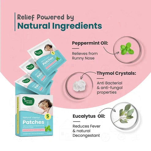 Product packaging with natural ingredients on a pink background. MotherSparsh Natural Vapour Patches go littles product image 4