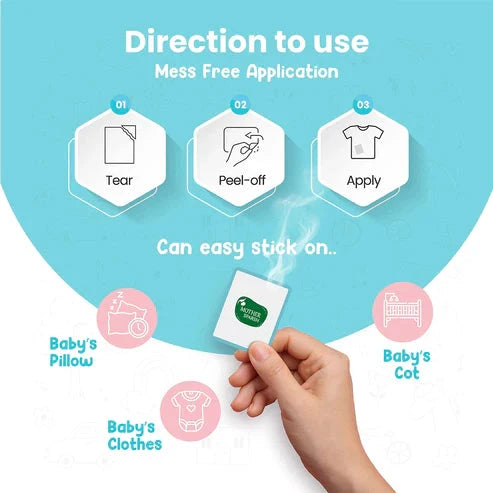 Step-by-step guide for using a product with icons and text on a blue background. MotherSparsh Natural Vapour Patches go littles product image 5