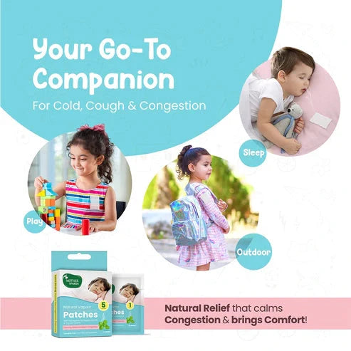 Product advertisement for children's cold, cough, and congestion relief with images of children playing and a product package. MotherSparsh Natural Vapour Patches go littles product image 6