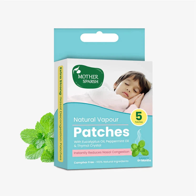 Box of Mother Sparsh Natural Vapour Patches with a child sleeping on a pillow and mint leaves. MotherSparsh Natural Vapour Patches go littles product main image 
