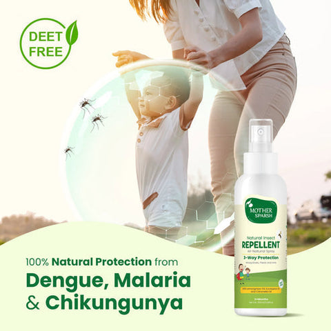 Mother Sparsh insect repellent bottle with a child and adult in the background, emphasizing natural protection from diseases. Mother Sparsh Natural Insect Repellent Spray For Babies go littles product image 2