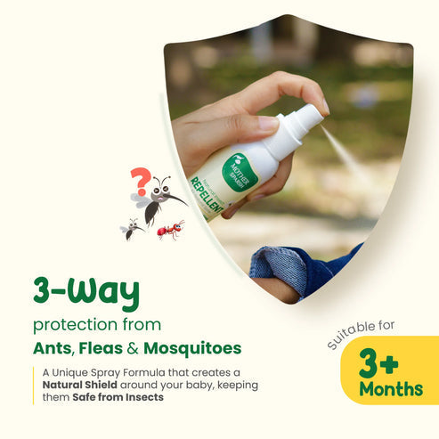 Hand holding a spray bottle labeled 'Repellent' with text about 3-way protection from ants, fleas, and mosquitoes. Mother Sparsh Natural Insect Repellent Spray For Babies go littles product image 3