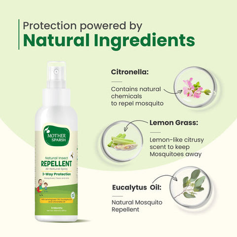 Mother Sparsh natural insect repellent spray with ingredients citronella, lemon grass, and eucalyptus oil on a green background. Mother Sparsh Natural Insect Repellent Spray For Babies go littles product image 4