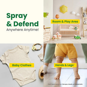 Product advertisement for 'Spray & Defend' with images of baby clothes, a room, and a child's legs. Mother Sparsh Natural Insect Repellent Spray For Babies go littles product image 5
