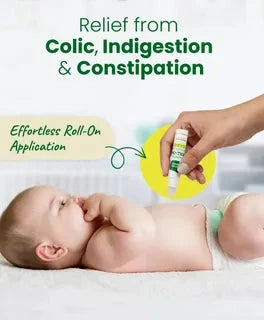 Baby lying down with a bottle of relief product for colic, indigestion, and constipation. Mother Sparsh Tummy Roll-On Hing & Sounf Oil, 6 ml go littles product main branch 2