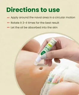 Product application directions for a topical oil on skin with a close-up of a hand holding a dropper. Mother Sparsh Tummy Roll-On Hing & Sounf Oil, 6 ml go littles product main branch 3