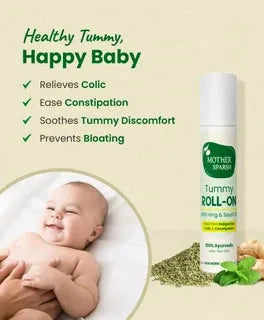 Baby being held with a bottle of 'Tummy Roll-On' and text about its benefits on a light green background. Mother Sparsh Tummy Roll-On Hing & Sounf Oil, 6 ml go littles product main branch 5