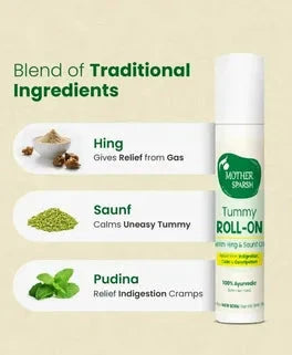 Tummy Roll-On with traditional ingredients and benefits on a white background. Mother Sparsh Tummy Roll-On Hing & Sounf Oil, 6 ml go littles product main branch 6